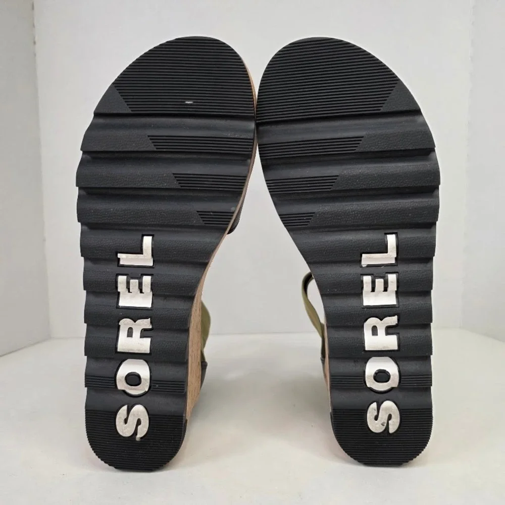 Sorel Women 7.5 Cameron Flatform Sandals Black Sage Cork LL6025-010